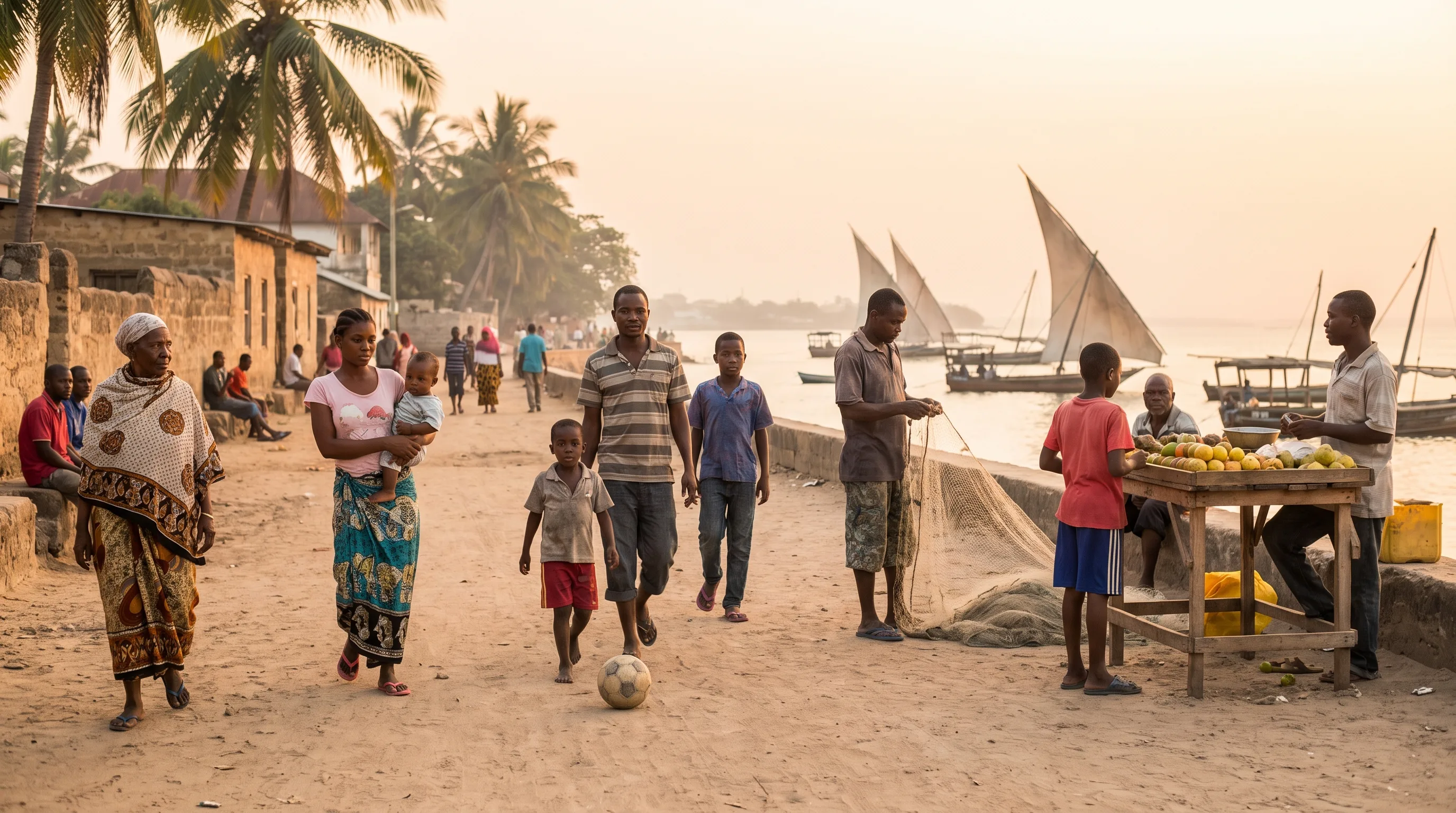 Community members gathered along a Tanzanian coastal waterfront at golden hour, traditional dhow boats in the background